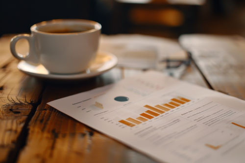 A coffee cup sits on a wooden table; next to it is a summary of a financial analysis report